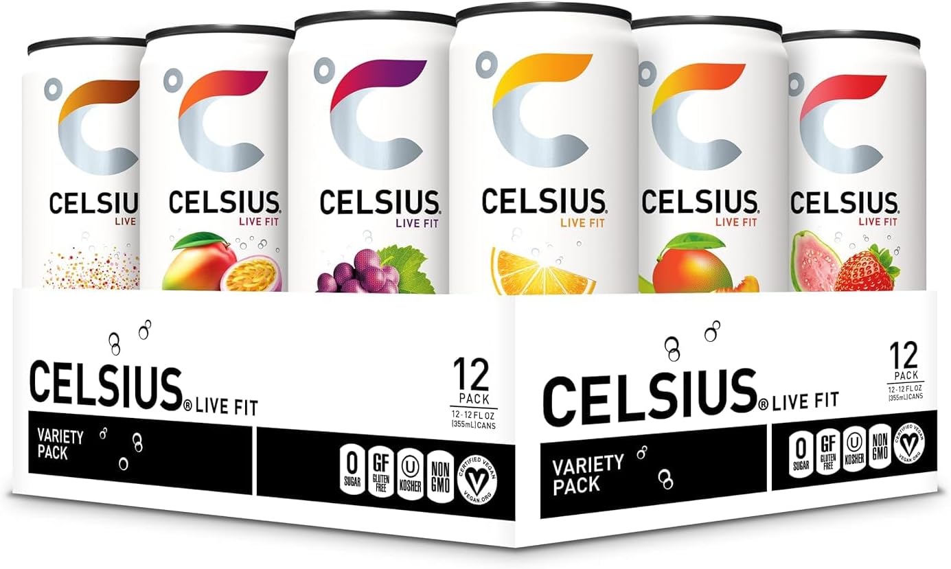 Celsius Energy Drink Variety Pack Celsius energy drink variety pack with different flavors displayed.