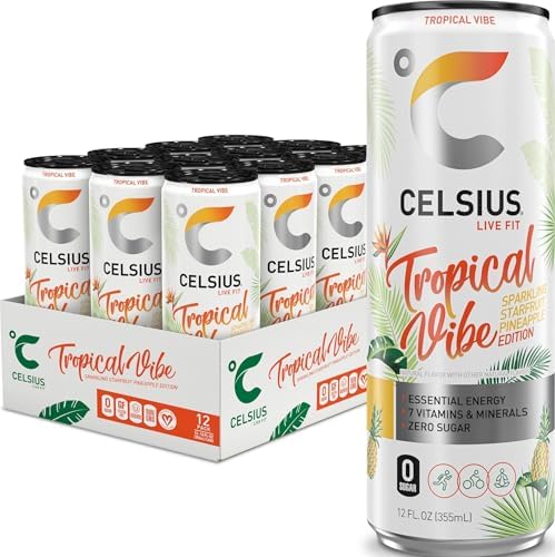 Celsius Tropical Vibe Energy Drink Celsius Tropical Vibe energy drink can with a pack of 12 cans behind it.