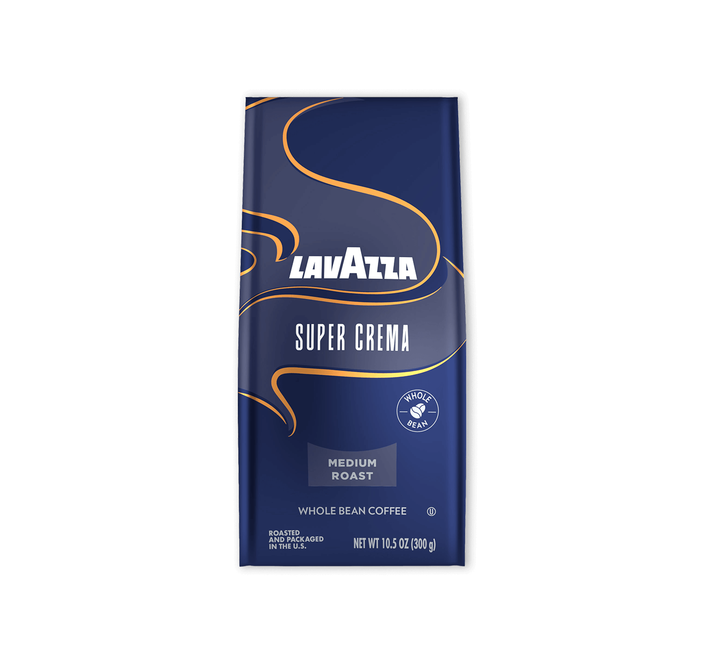 Lavazza Super Crema medium roast whole bean coffee package.
