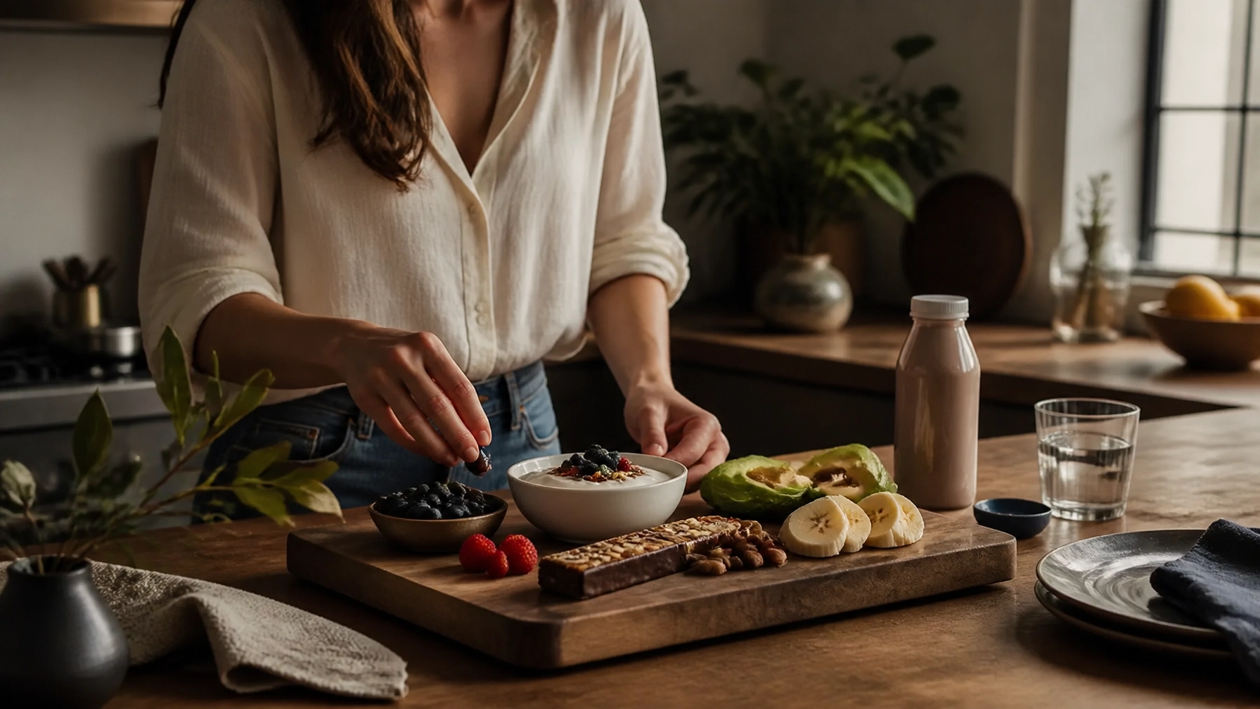Preparing a Healthy Breakfast Person prepares a healthy breakfast with yogurt, fruits, and nuts.