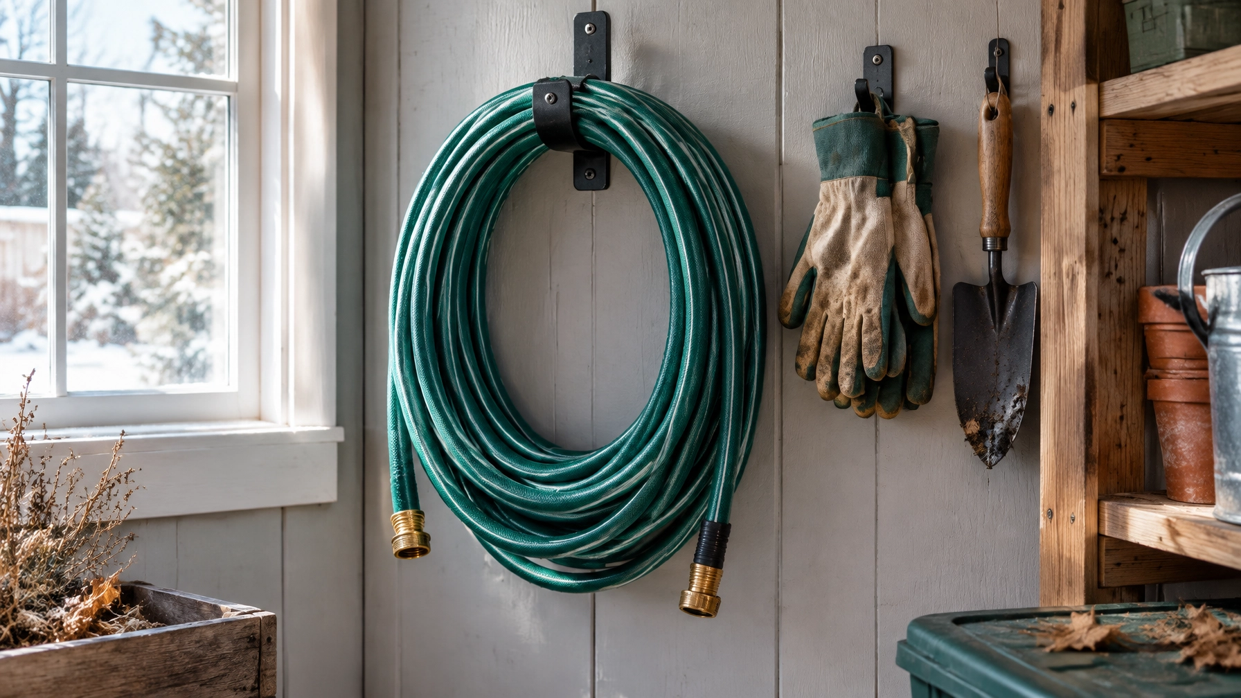 Organized Garden Tools in Shed Garden hose, gloves, and trowel hang neatly on a shed wall.