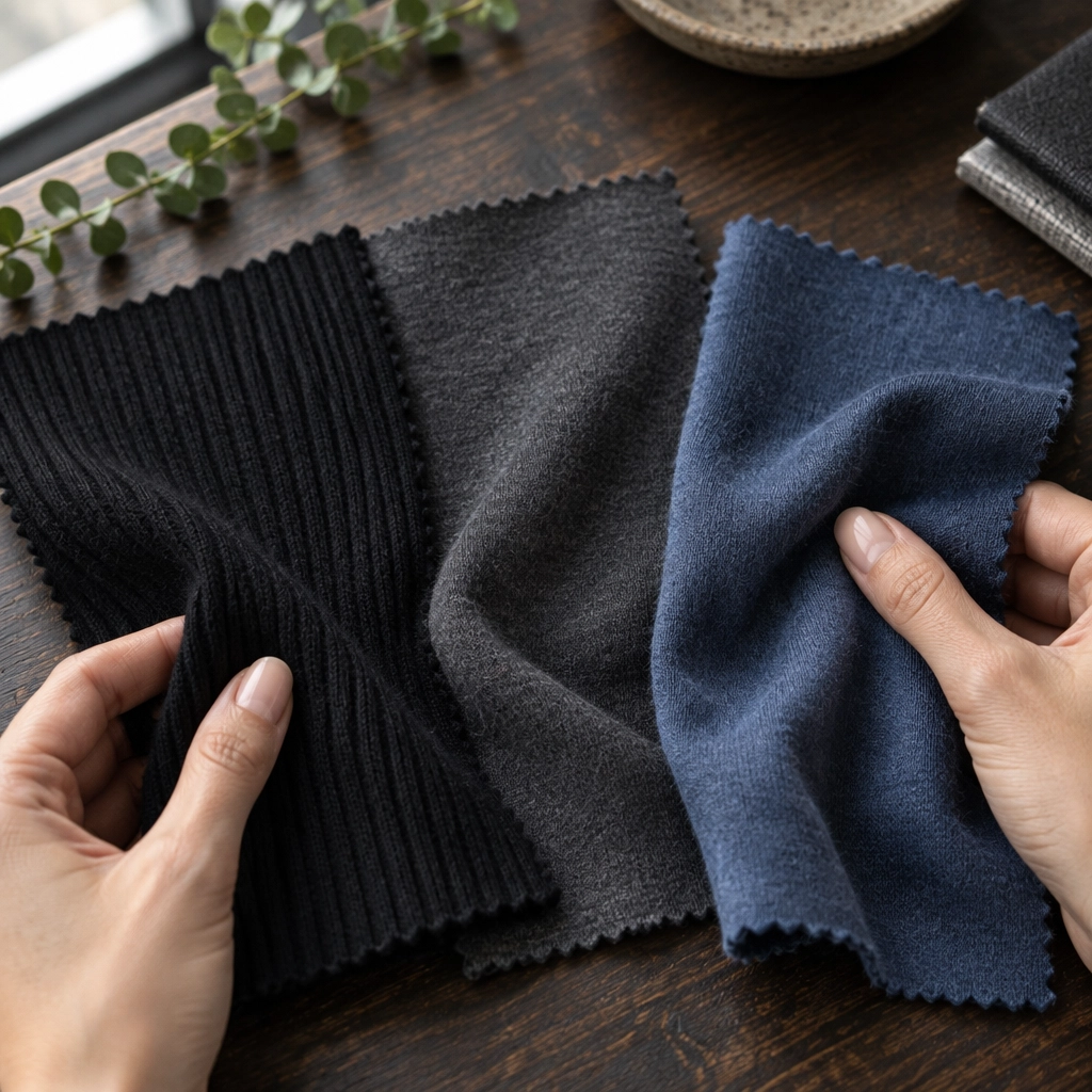 Hands hold fabric swatches in black, gray, and blue on a wooden table