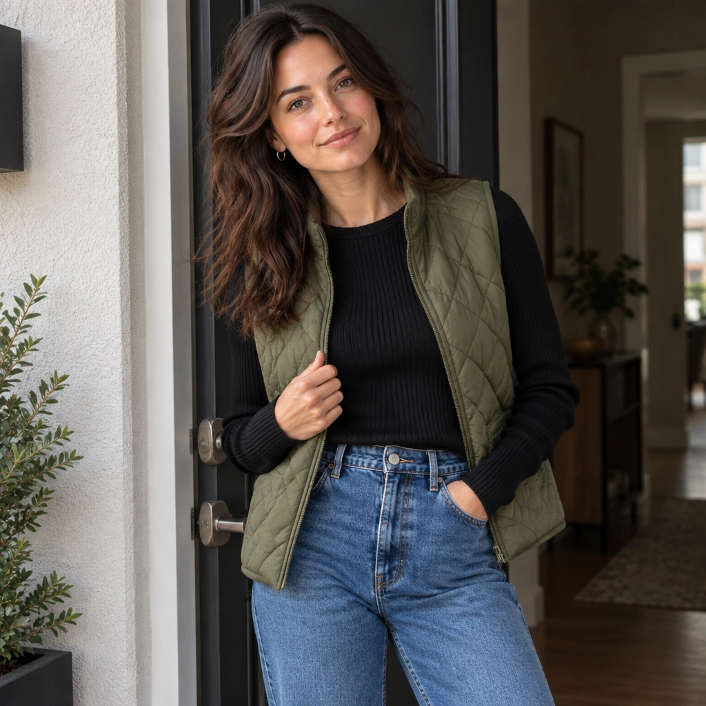 A woman in casual attire stands in a doorway, smiling softly.