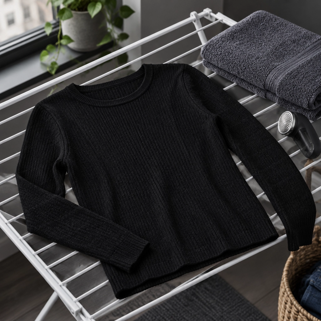 Black sweater lies flat on a drying rack near a folded towel and fabric shaver.