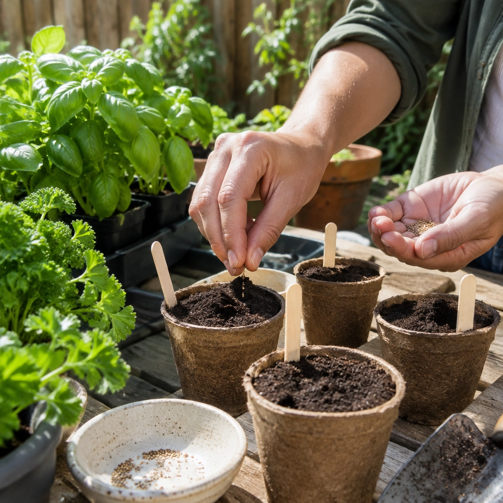 Planting Seeds in Pots Person plants seeds in small pots with fresh soil on a wooden table.