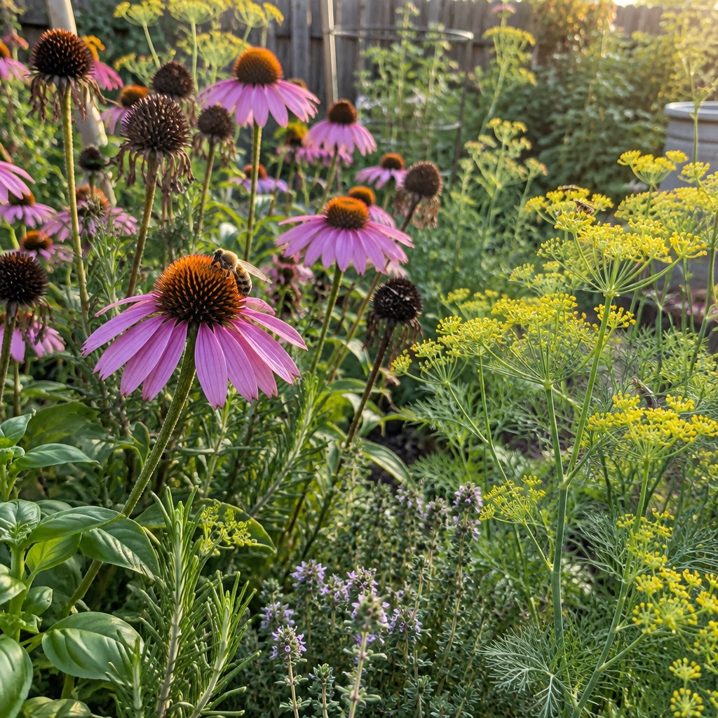 Bee on Purple Coneflower A bee pollinates a purple coneflower in a vibrant garden.