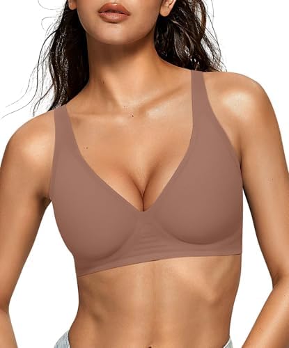 Seamless Brown Bra Woman wearing a seamless brown bra with a deep neckline.