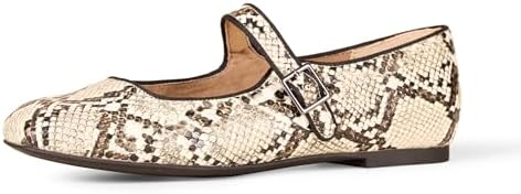 Snakeskin Mary Jane Flat Shoe A snakeskin-patterned Mary Jane flat shoe with a buckle strap.