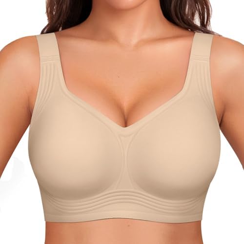Seamless Beige Bra with Wide Straps A woman wears a seamless beige bra with wide straps for comfort.