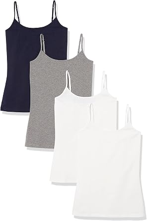 Set of Four Camisole Tops Four camisole tops in navy, gray, and white are displayed in a row.