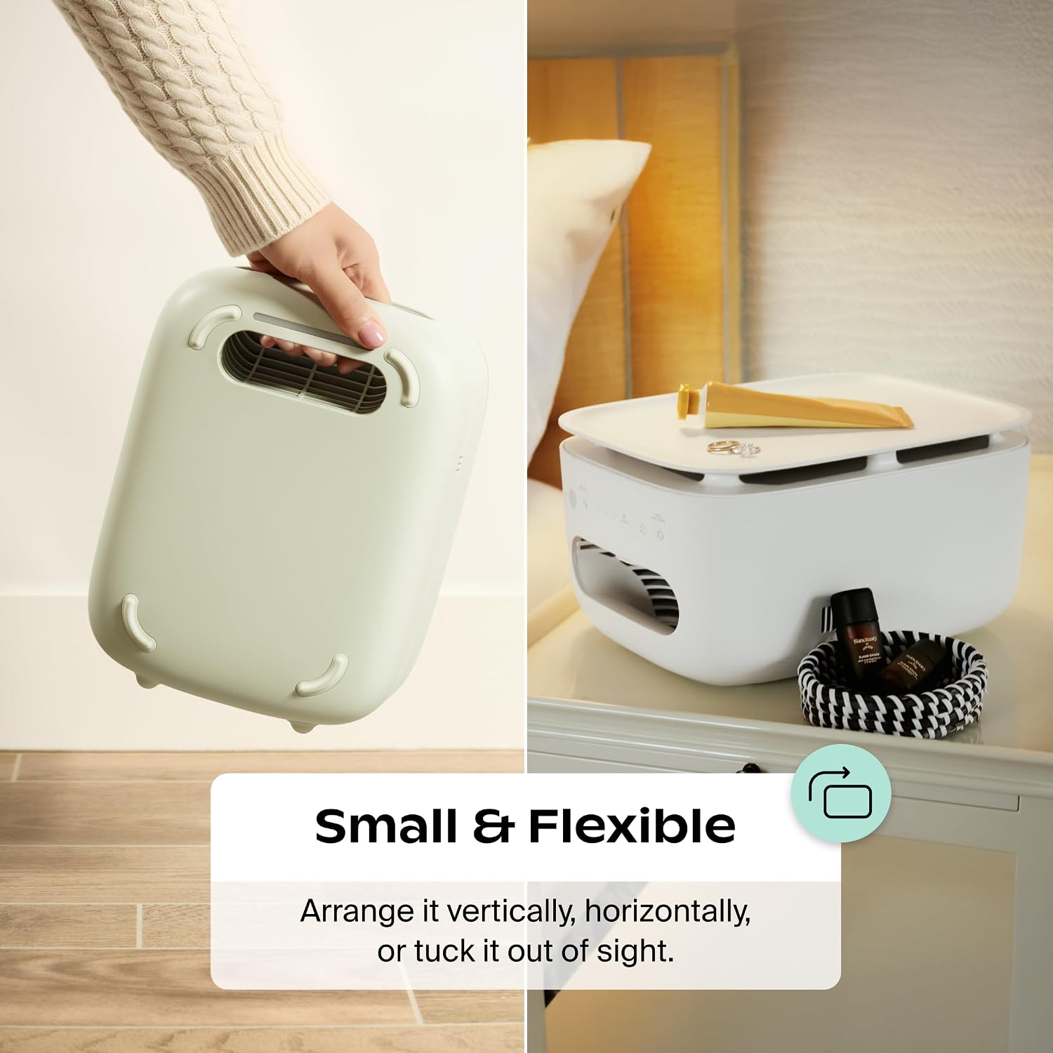 A compact Canopy Bedside Air Purifier is shown being carried and placed on a bedside table