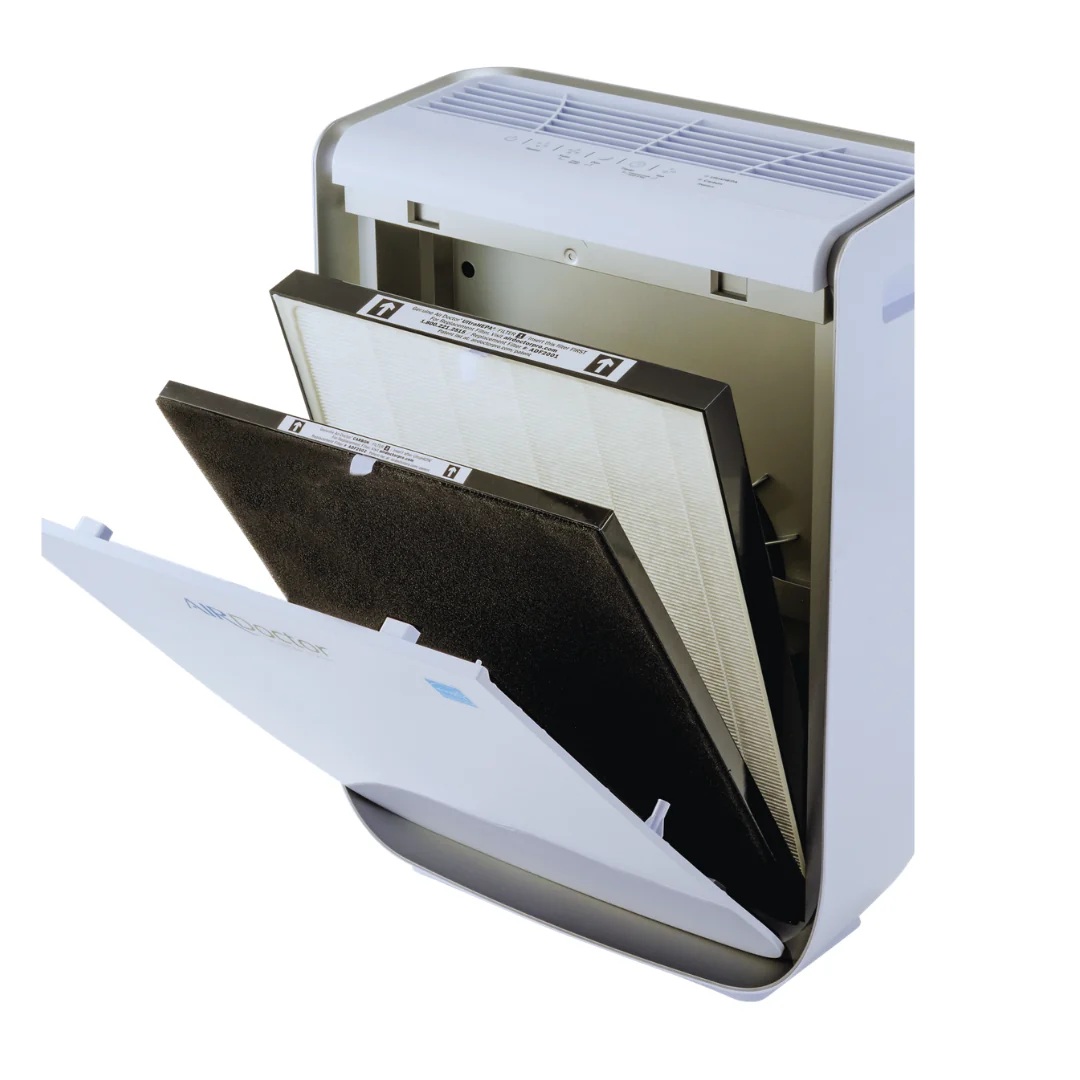 AirDoctor 2000 with its front panel open, revealing multiple filters