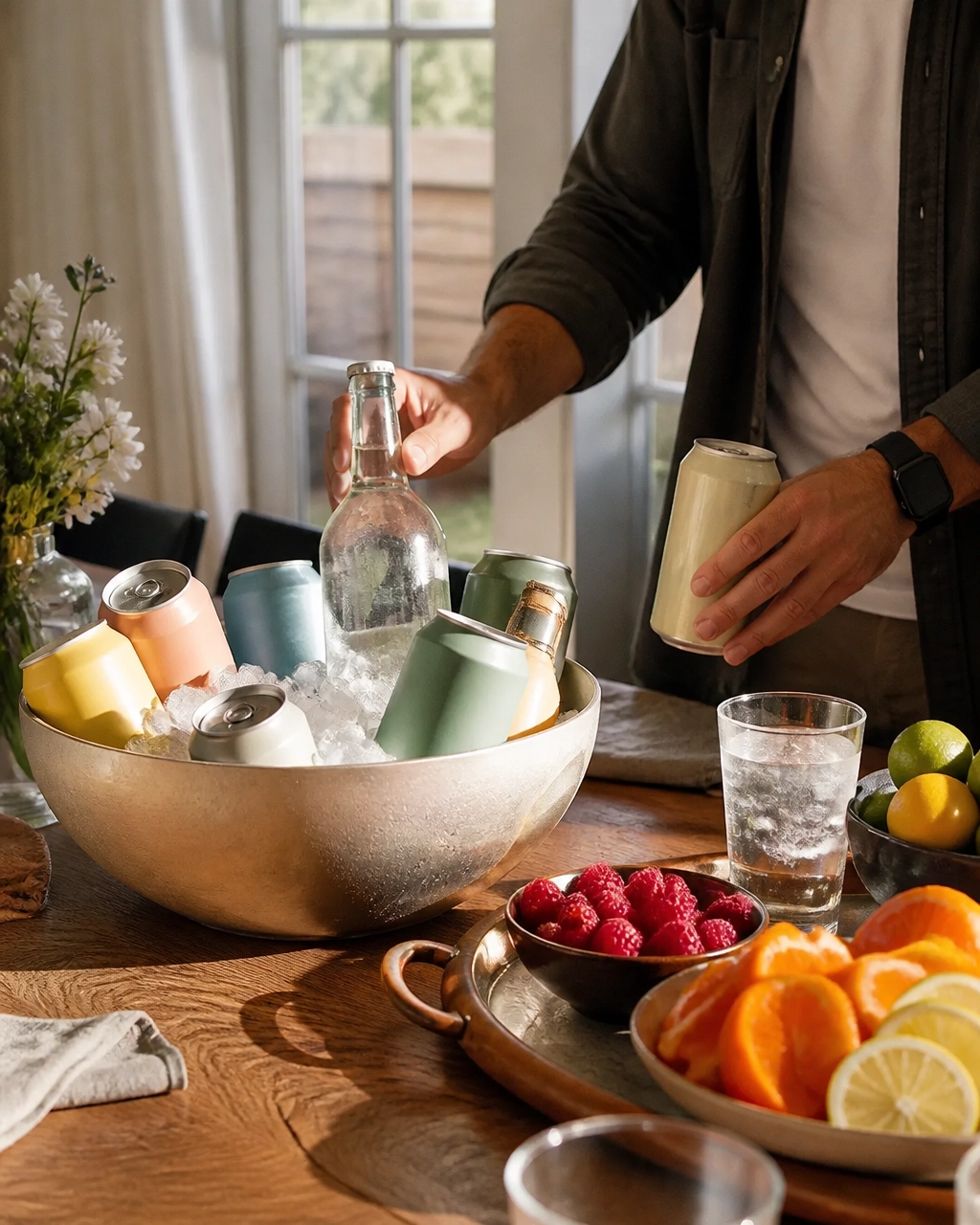 Refreshing Drinks and Fruit Setup Person arranges drinks in an ice-filled bowl on a table with fruit.