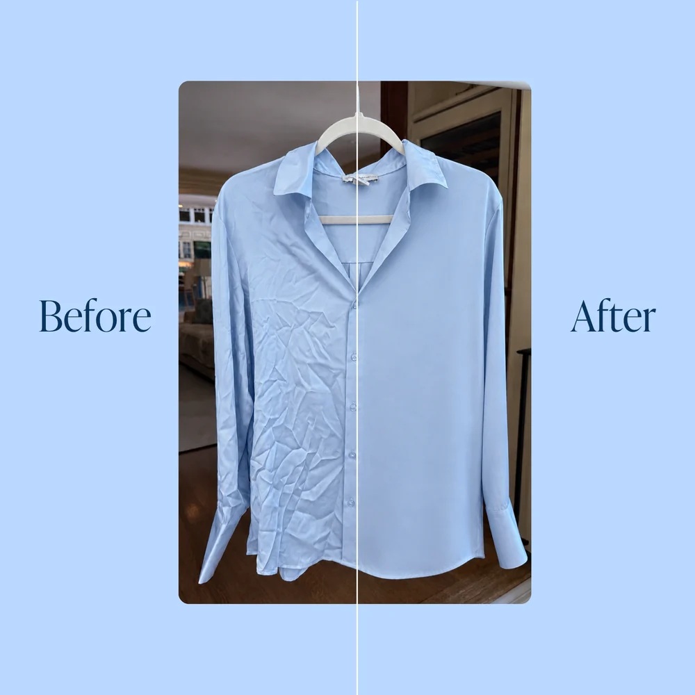 A blue shirt is shown with one side wrinkled and the other smooth after steaming with the Nori Cloud Max