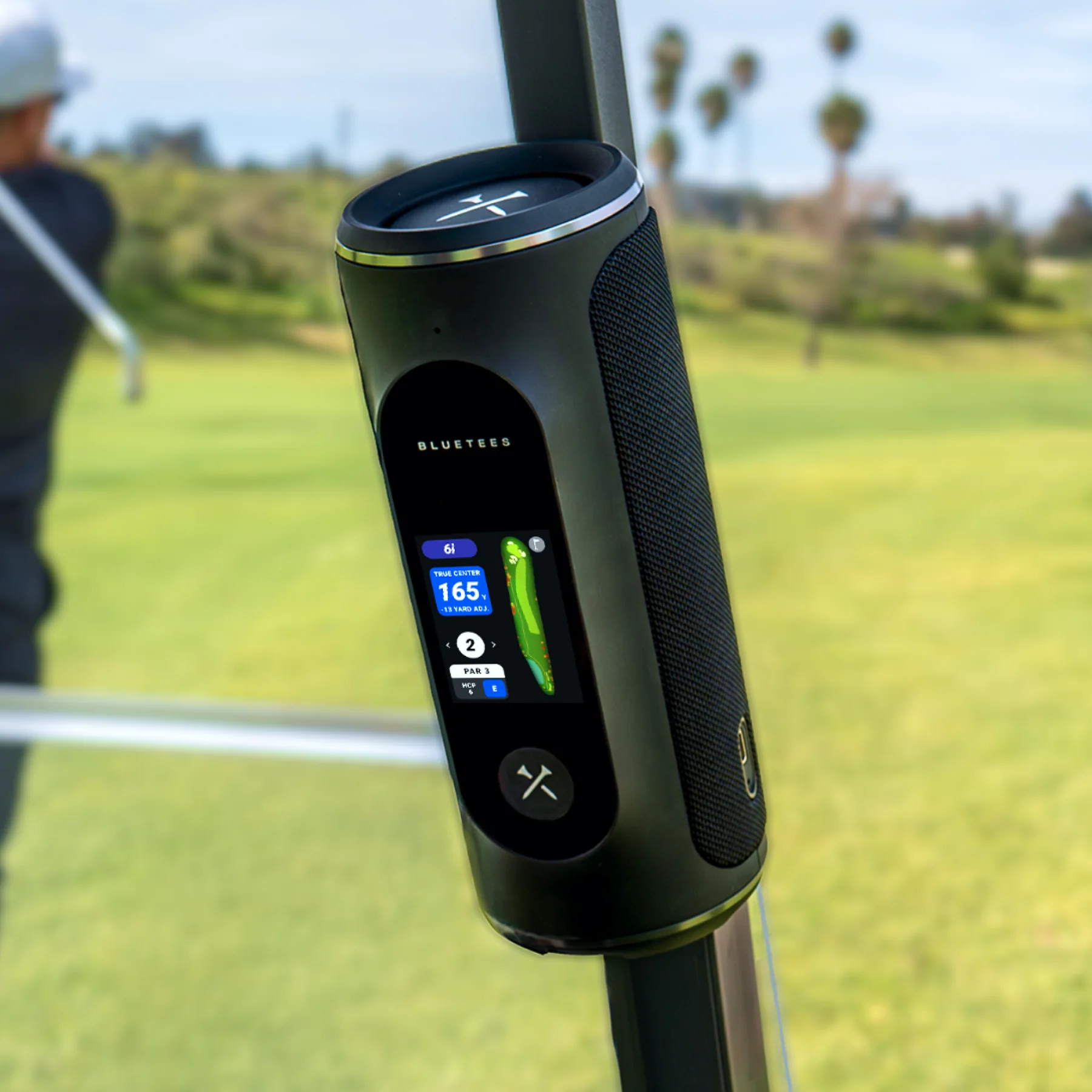 Blue Tees Player Pro A Blue Tees Player Pro is mounted on a golf cart